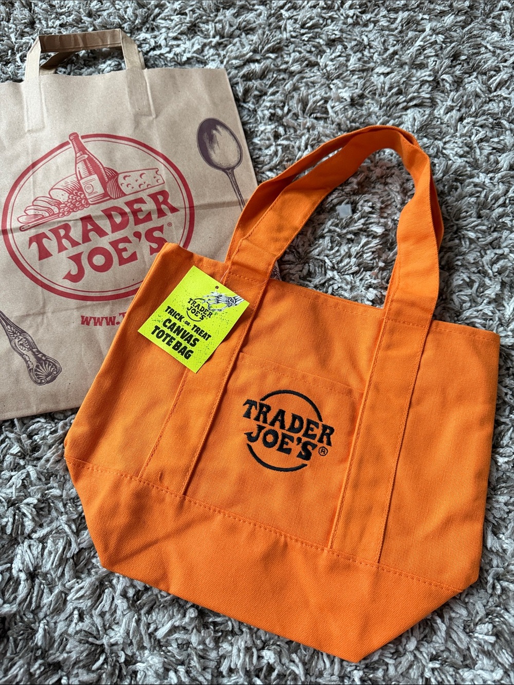 Trader Joe's Trick or Treat Orange Mini Canvas Tote Bag with Logo
